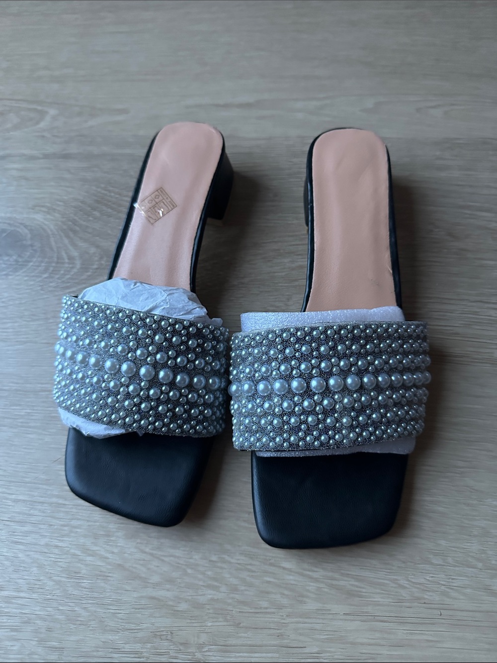 Pearl-Embellished Black Slide Mules